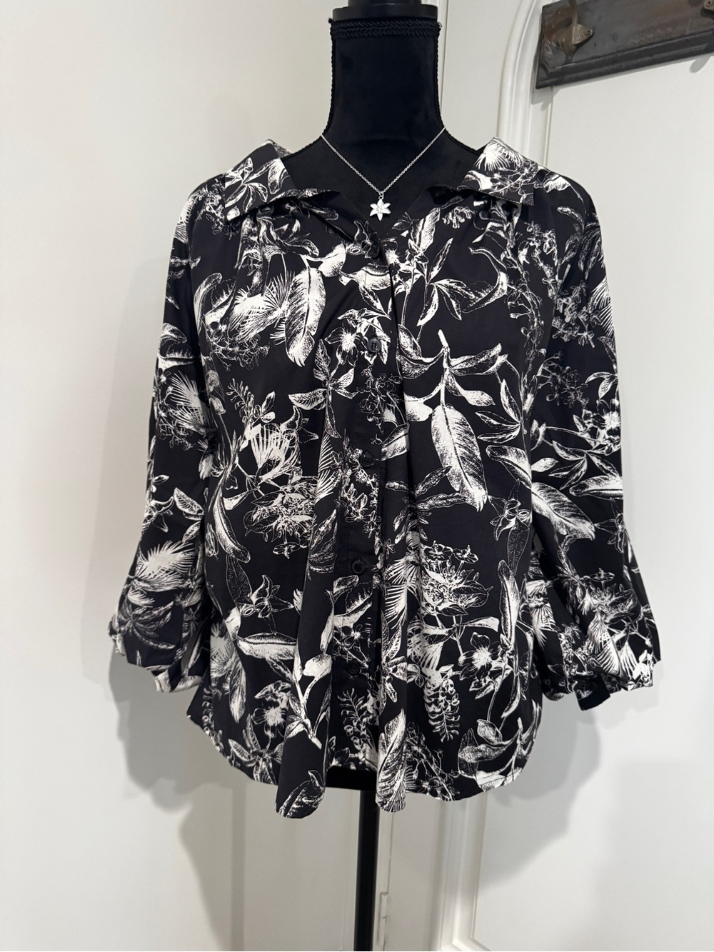 Black Floral Button-Front Blouse with Ruffle Neckline